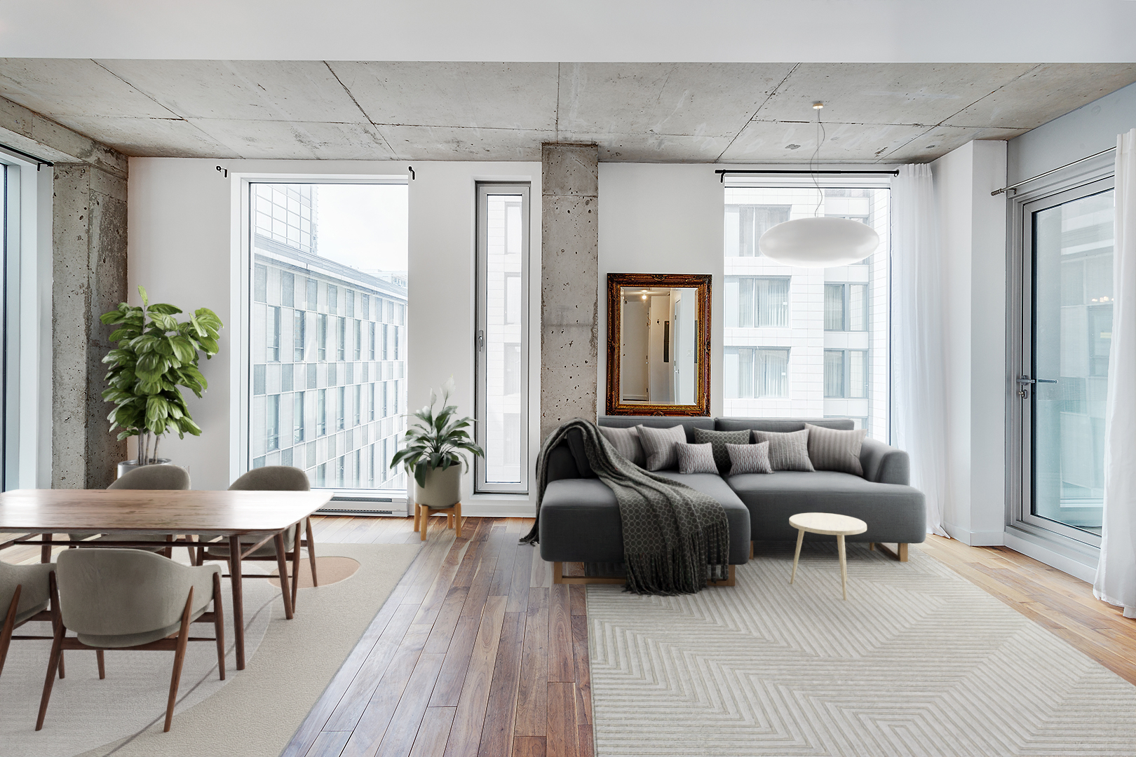 Furnished living room with heritage ceiling and hardwood floors at Le 801, 221 Rue Saint-Jacques, Old Montréal
